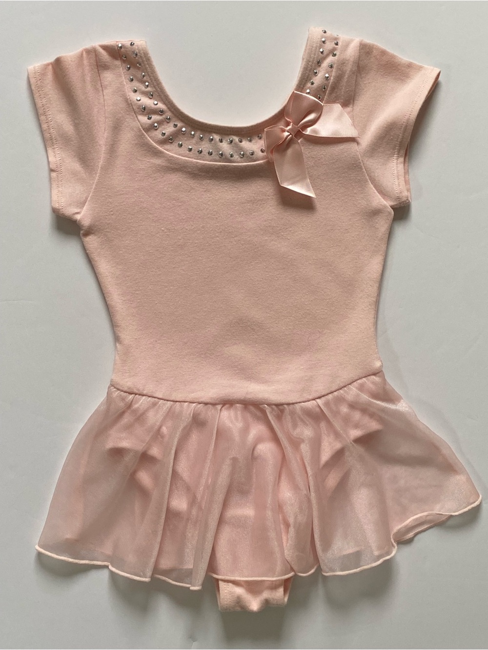 Pink Ballet Leotard Size 4 5 X- Small Light Pink Attached Skirt Bow Rhinestones